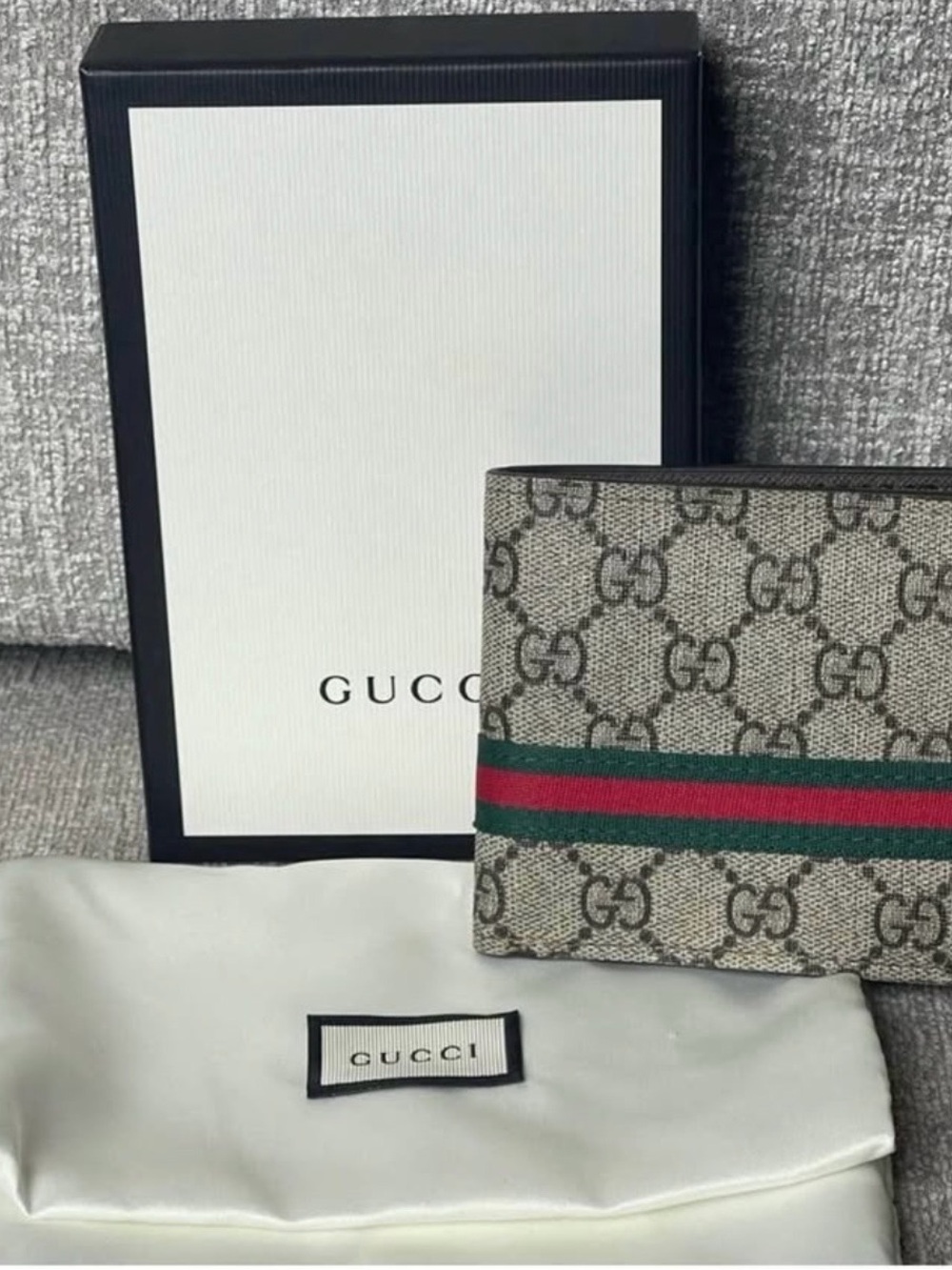 Gucci GG Canvas Bi-Fold Wallet with Signature Green and Red Web